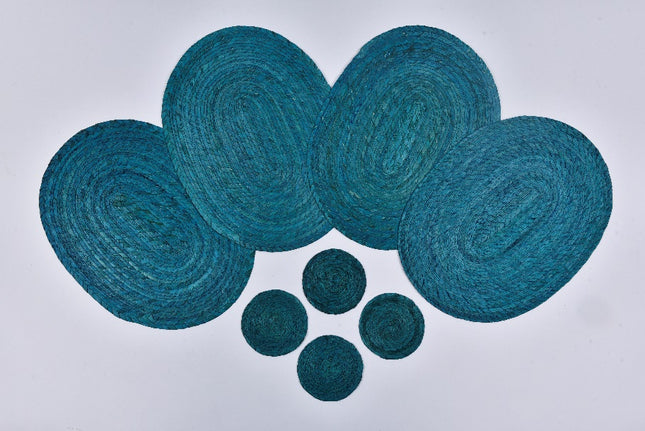 Straw Placemat & Coaster Set (4+4) - Turquoise