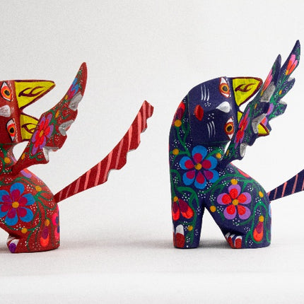 Set of 2 Wooden Alebrije Winged Cats - Red & Navy Blue