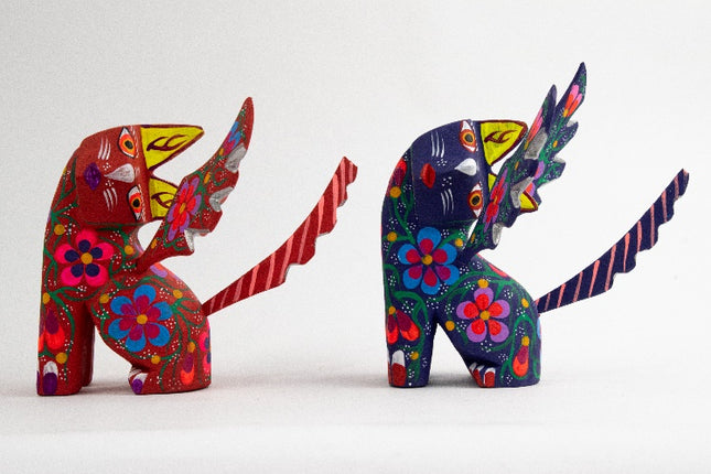 Set of 2 Wooden Alebrije Winged Cats - Red & Navy Blue